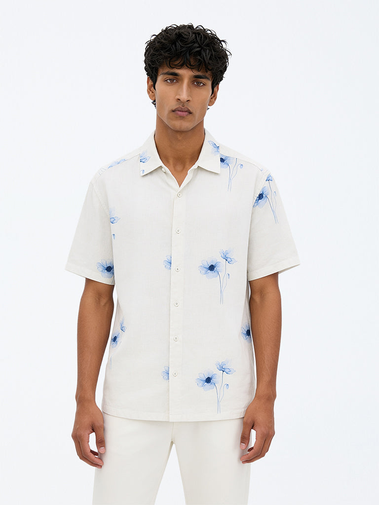 Ascot Off-White Floral Printed Relaxed-Fit Linen-Blend Shirt