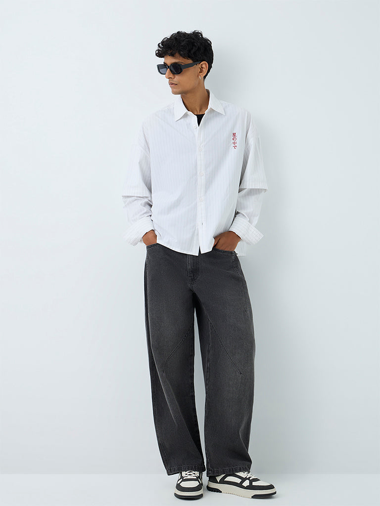 Nuon Off-White Stripe Printed Boxy-Fit Cotton Shirt