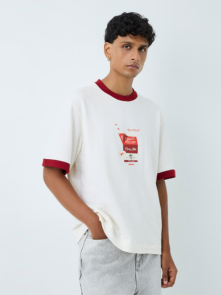 Nuon White Graphic Printed Relaxed-Fit Cotton T-Shirt