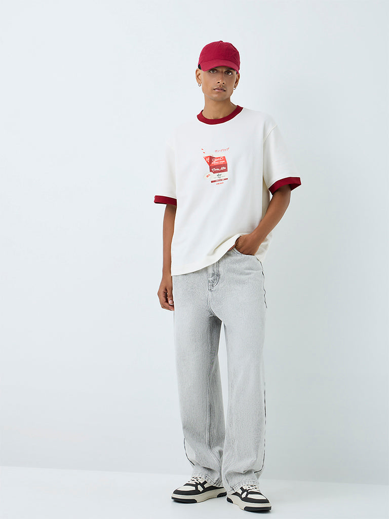 Nuon White Graphic Printed Relaxed-Fit Cotton T-Shirt