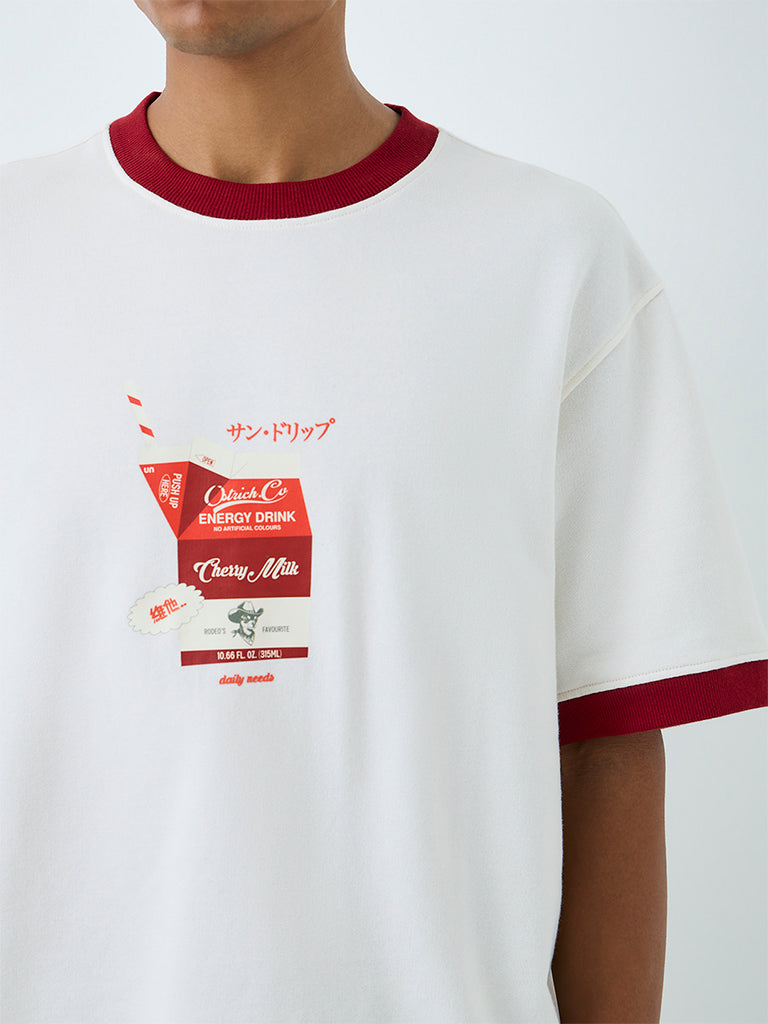 Nuon White Graphic Printed Relaxed-Fit Cotton T-Shirt