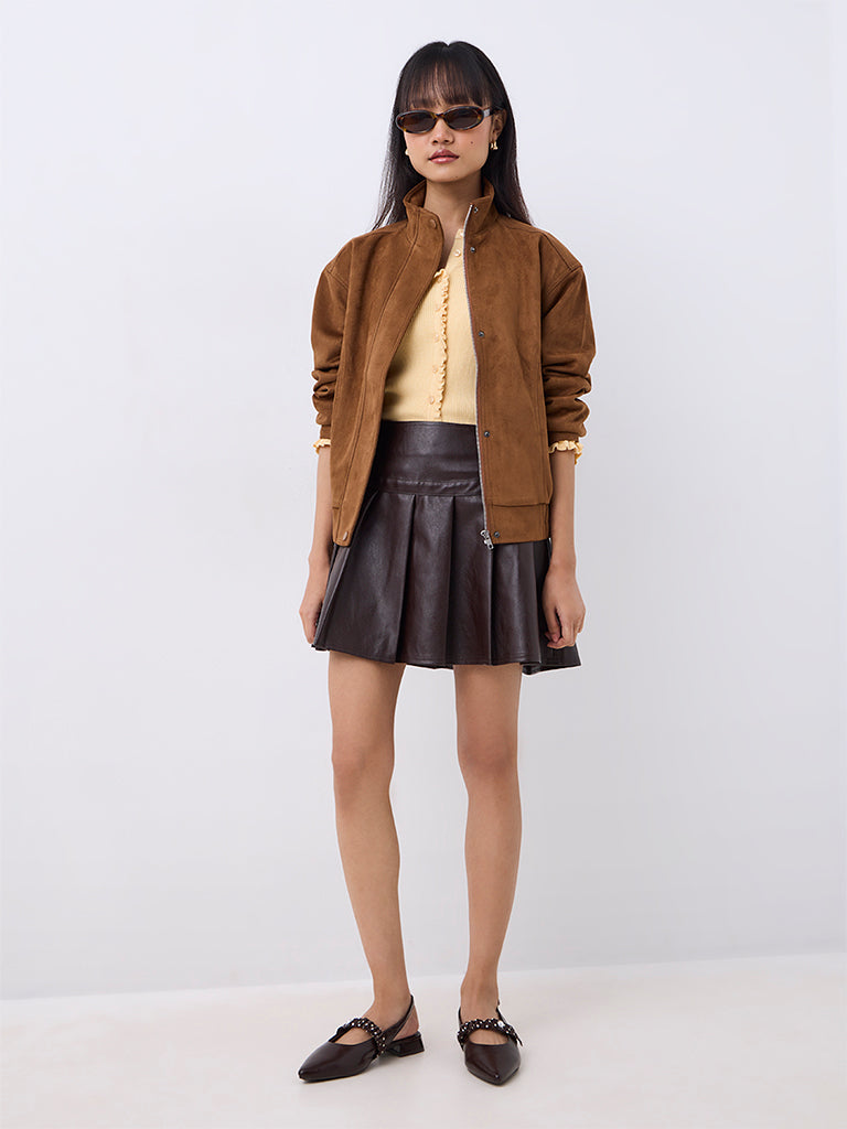 Nuon Dark Brown Pleated High-Rise Faux Leather Skirt