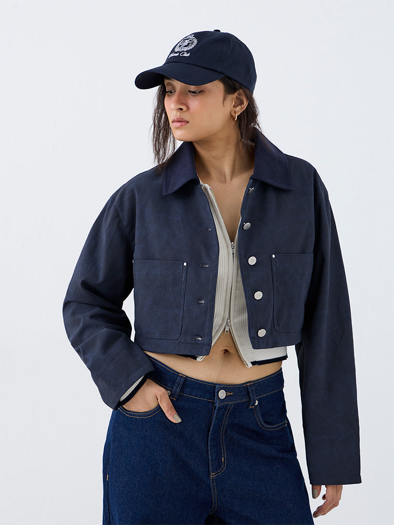 Nuon Navy Cropped Suede Jacket