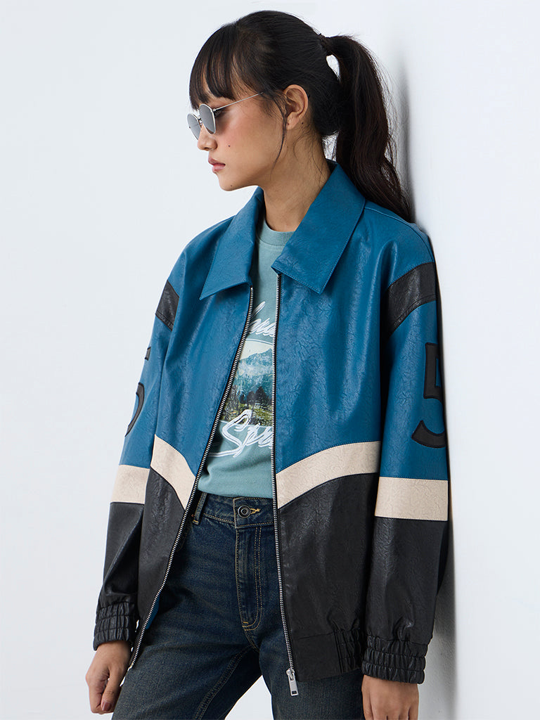 Nuon Teal Colour-Blocked Faux Leather Jacket