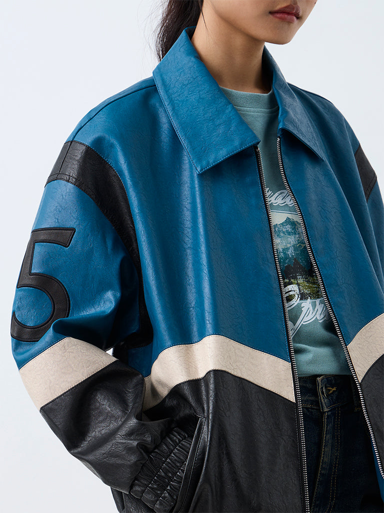 Nuon Teal Colour-Blocked Faux Leather Jacket
