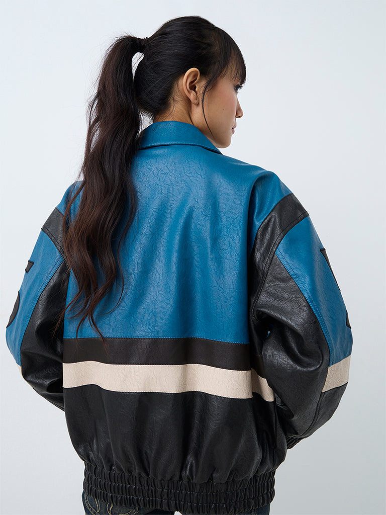 Nuon Teal Colour-Blocked Faux Leather Jacket