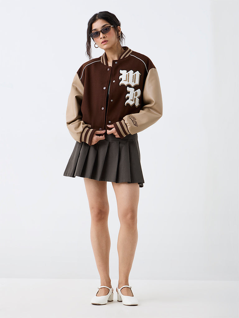 Nuon Brown Colour-Blocked Varsity Jacket