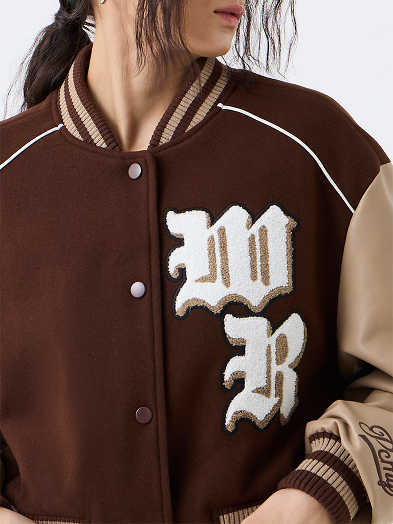Nuon Brown Colour-Blocked Varsity Jacket