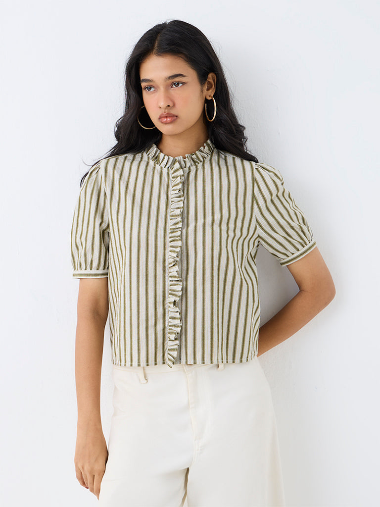 LOV Olive Striped Pattern Cotton-Blend Blouse