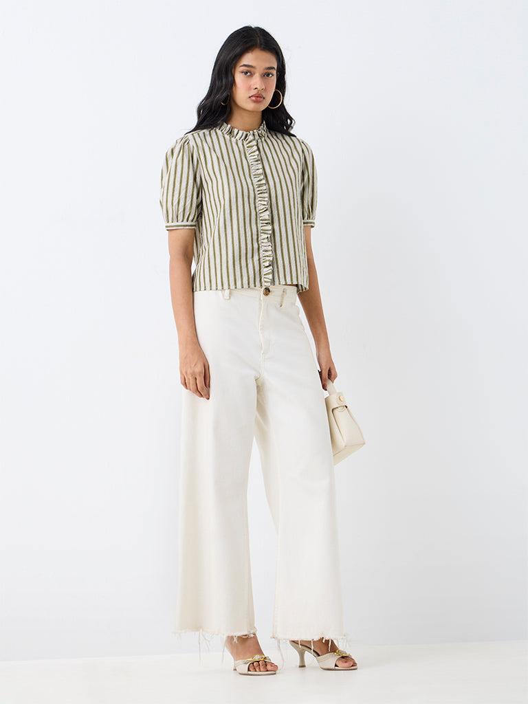 LOV Olive Striped Pattern Cotton-Blend Blouse