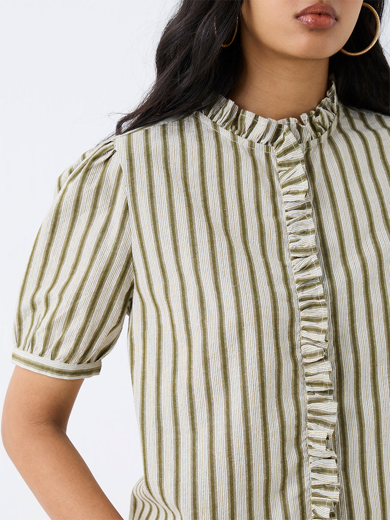 LOV Olive Striped Pattern Cotton-Blend Blouse