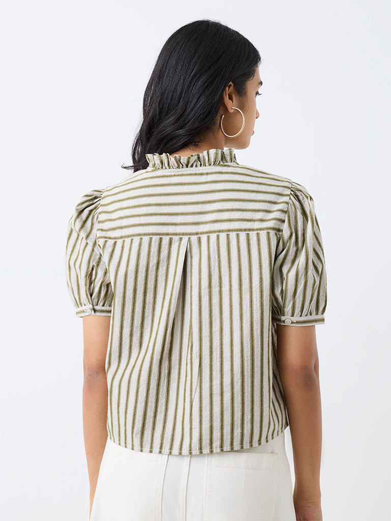 LOV Olive Striped Pattern Cotton-Blend Blouse