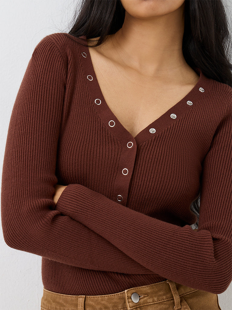 LOV Dark Brown Ribbed-Knit Top