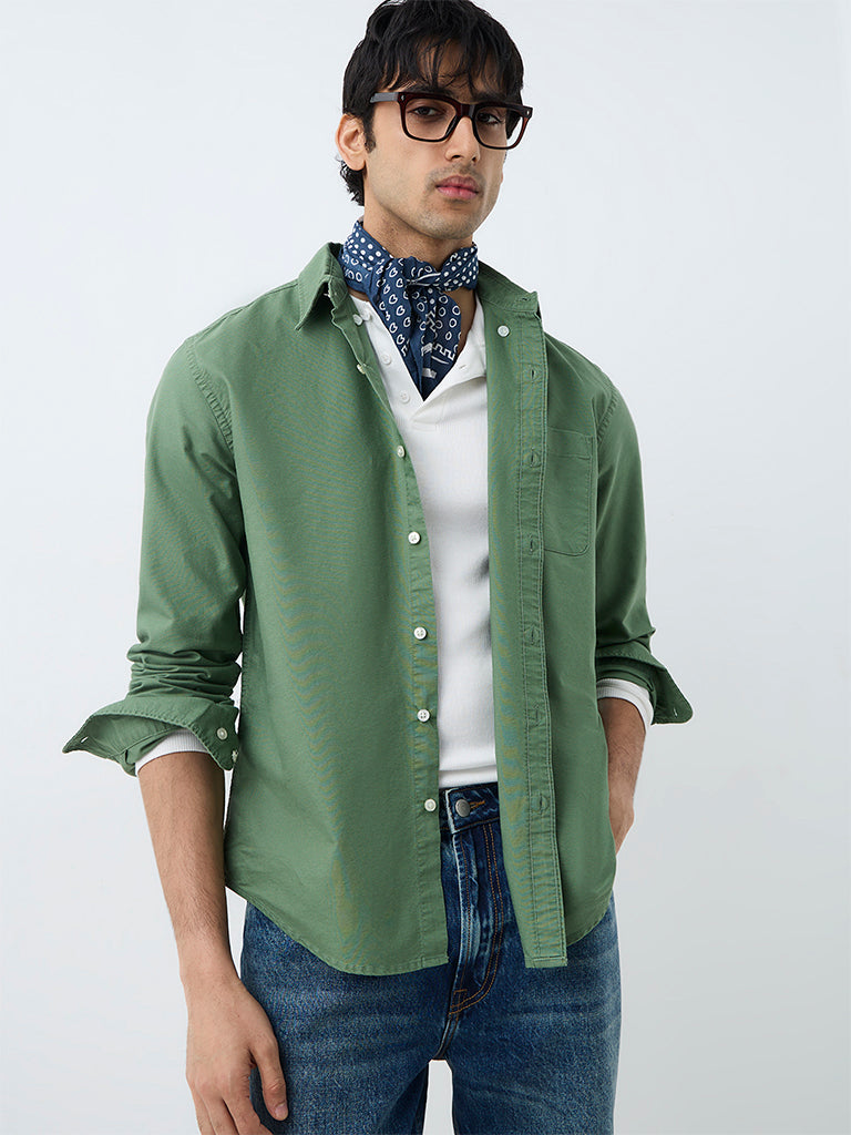 WES Casuals Green Solid Relaxed-Fit Cotton Shirt