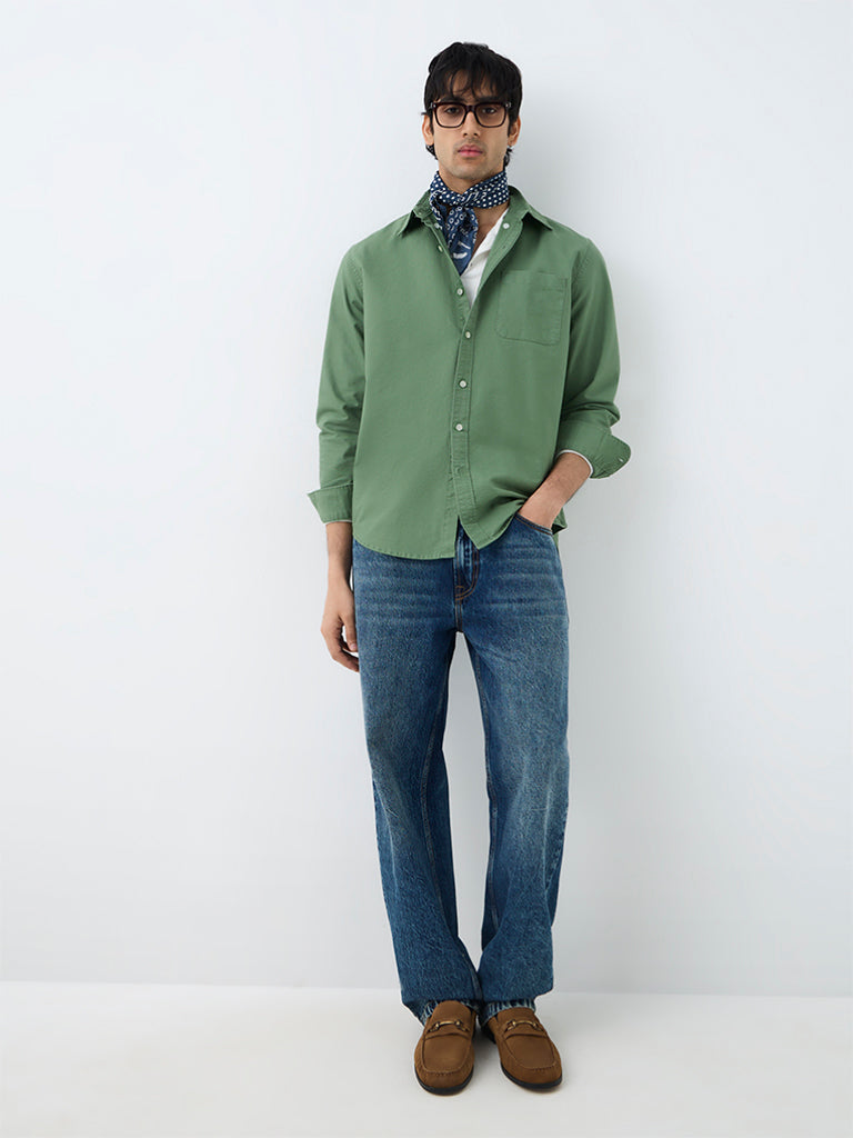 WES Casuals Green Solid Relaxed-Fit Cotton Shirt