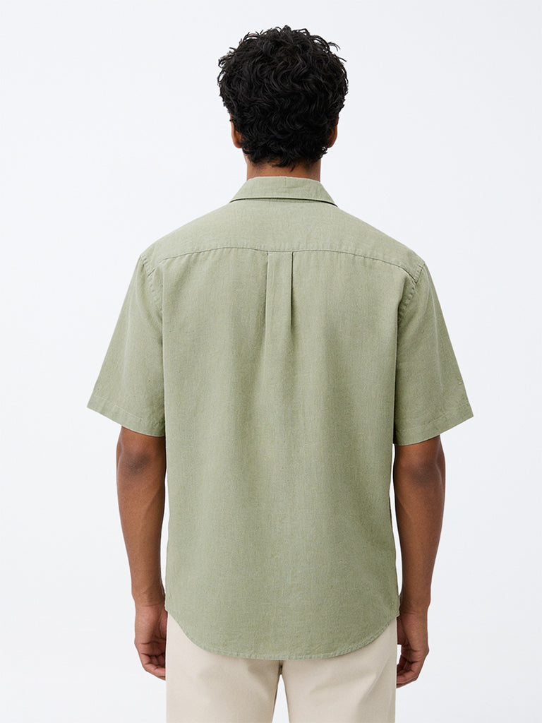 WES Casuals Dark Sage Relaxed-Fit Linen-Blend Shirt