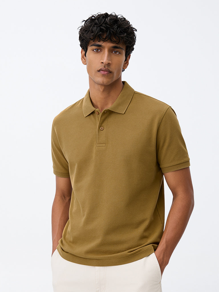 WES Casuals Mustard Relaxed-Fit Cotton-Blend Polo T-Shirt