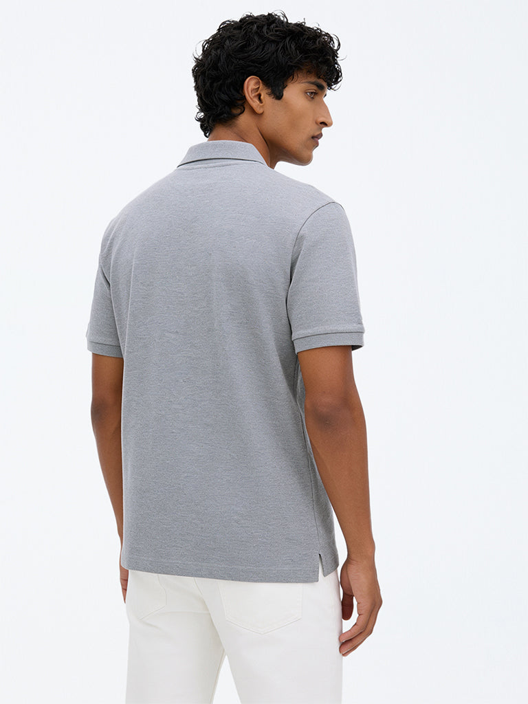 WES Casuals Grey Melange Relaxed-Fit Cotton-Blend Polo T-Shirt