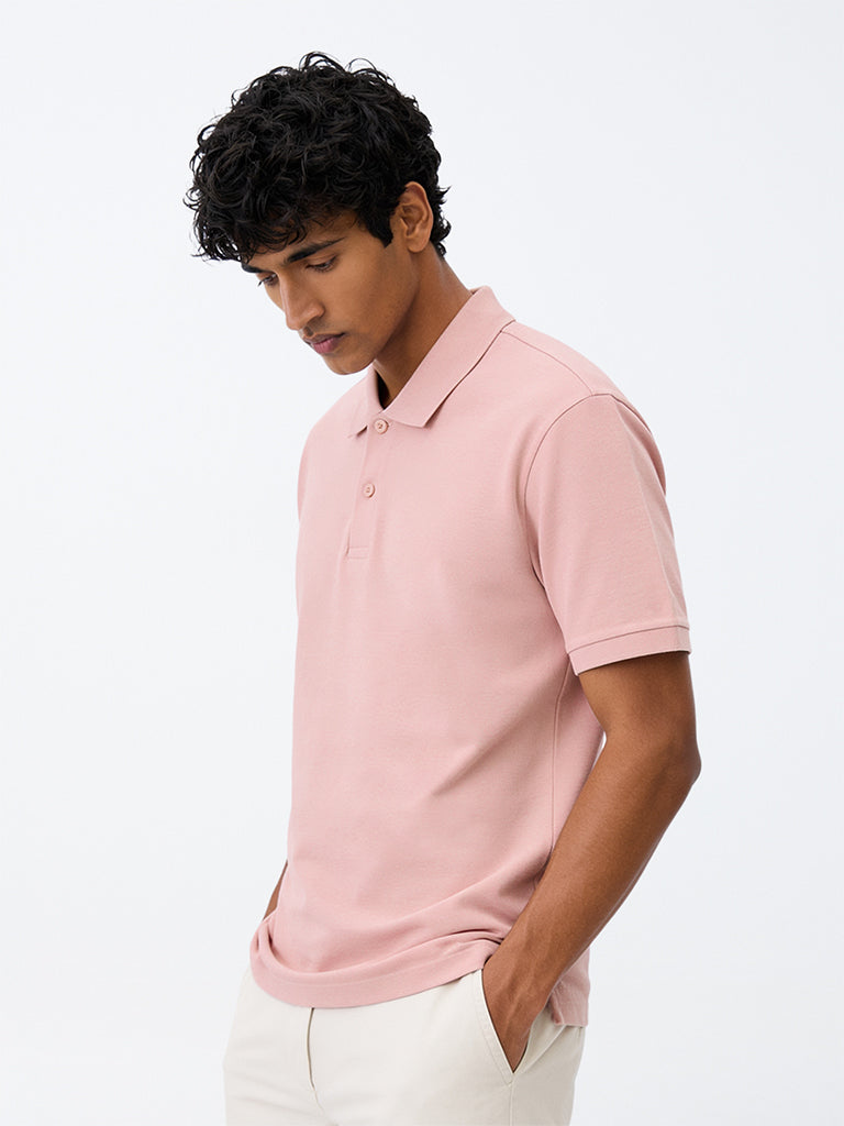WES Casuals Light Pink Relaxed-Fit Cotton-Blend Polo T-Shirt
