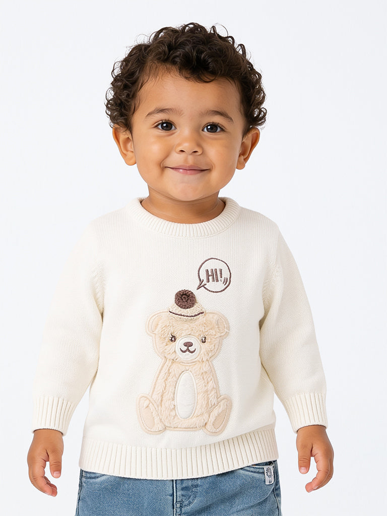 HOP Baby Boys Off-White Teddy Design Knitted Cotton Sweater