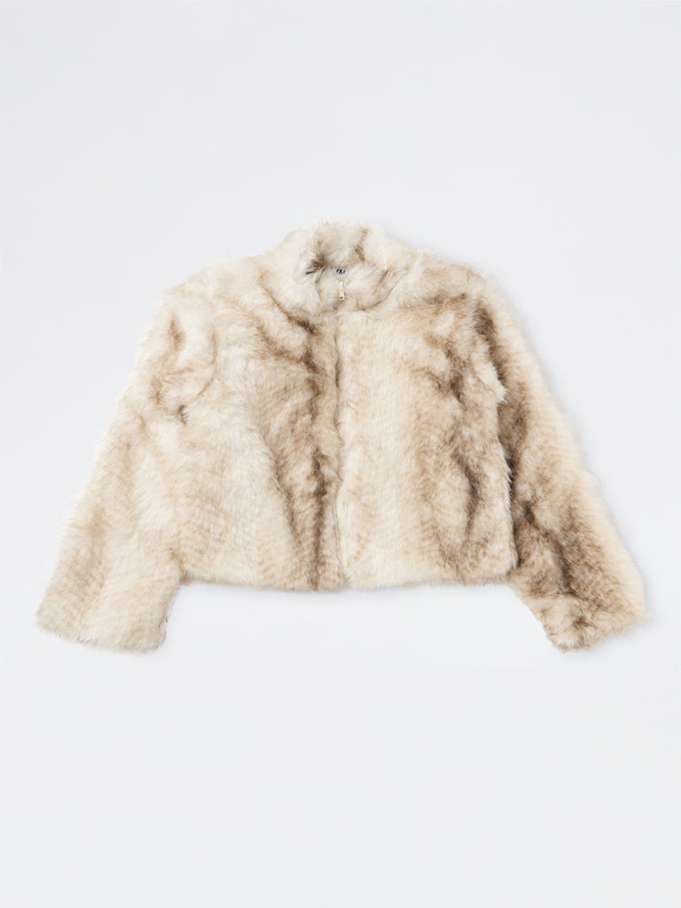 Y&F Kids Girls Beige Faux-Fur Jacket