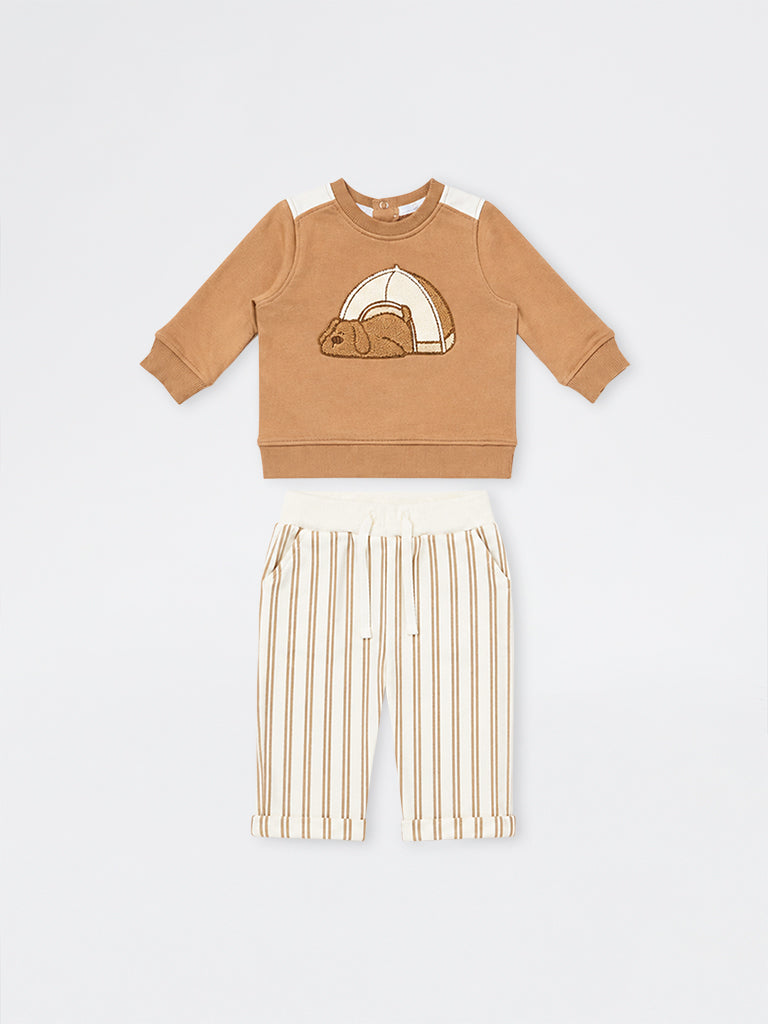 HOP Baby Boys Light Brown Dog Embroidered Cotton-Blend Sweatshirt and Pants