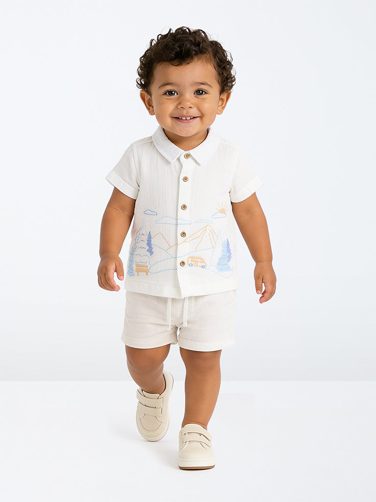 HOP Baby Boys White Nature-Inspired Cotton Shirt and Shorts Set