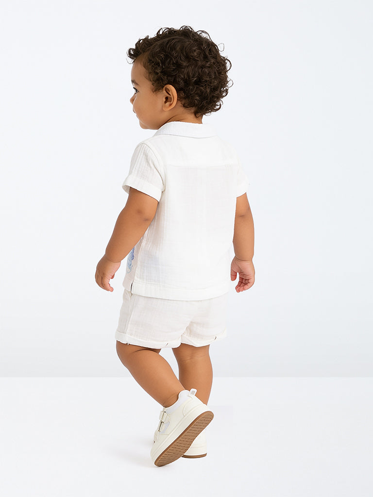 HOP Baby Boys White Nature-Inspired Cotton Shirt and Shorts Set