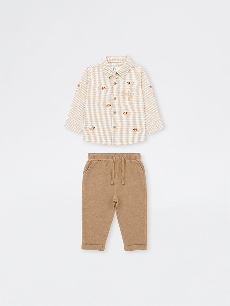 HOP Baby Boys Brown Checkered Cotton Shirt and Pants Set