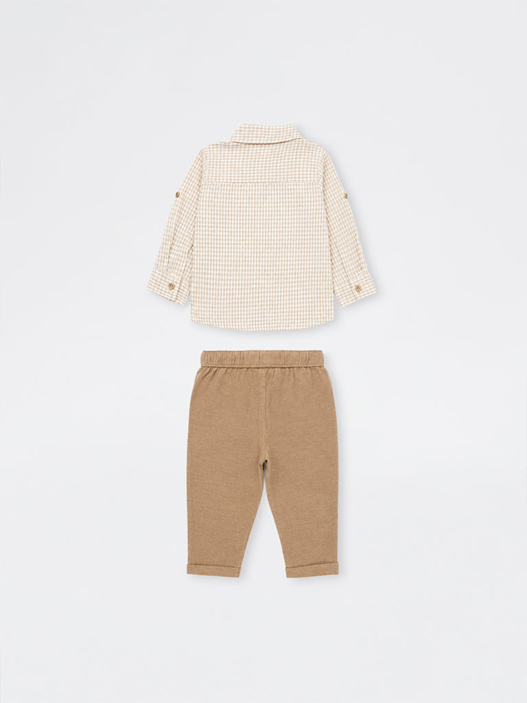 HOP Baby Boys Brown Checkered Cotton Shirt and Pants Set