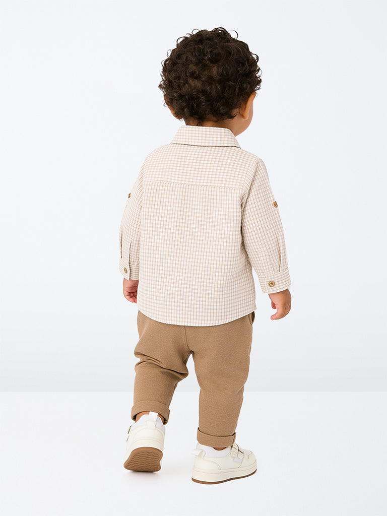 HOP Baby Boys Brown Checkered Cotton Shirt and Pants Set