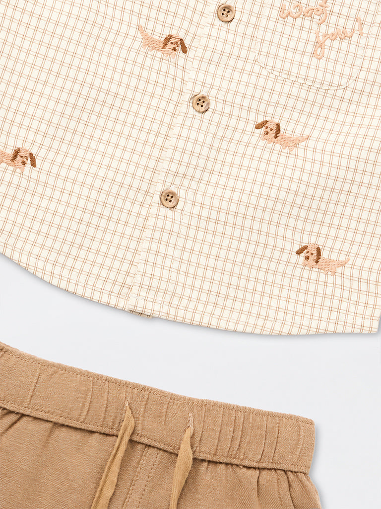 HOP Baby Boys Brown Checkered Cotton Shirt and Pants Set