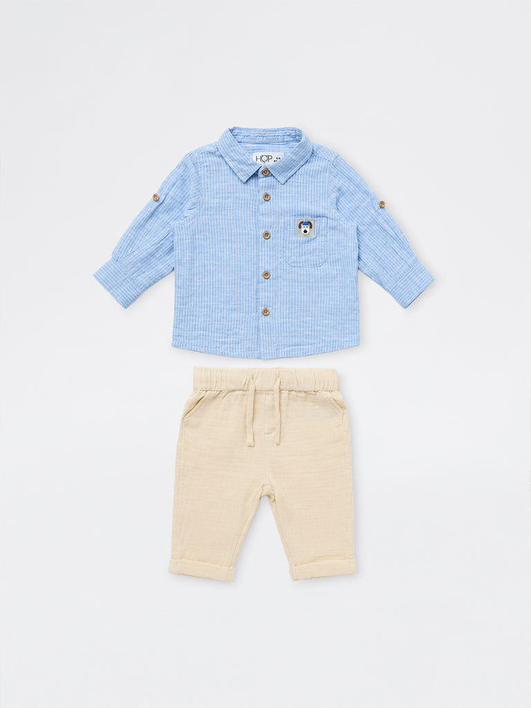 HOP Baby Boys Blue Striped Cotton Shirt and Pants Set