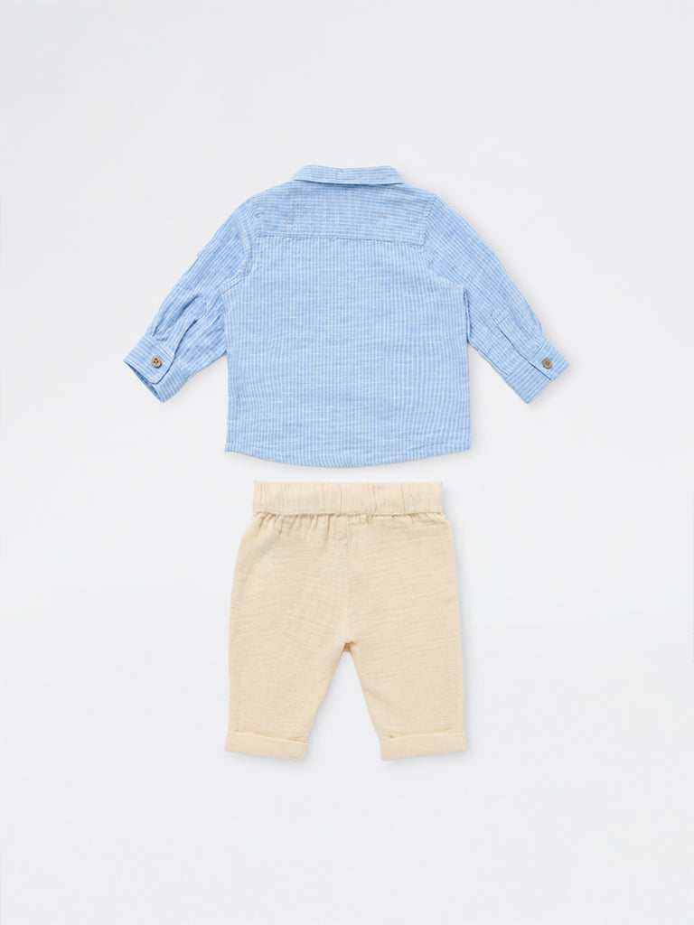 HOP Baby Boys Blue Striped Cotton Shirt and Pants Set