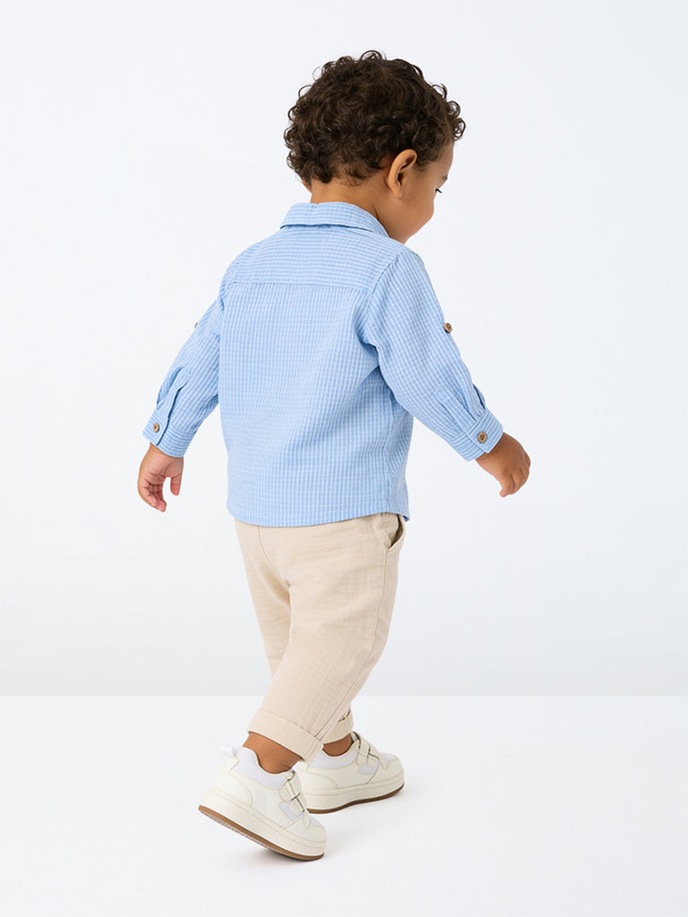 HOP Baby Boys Blue Striped Cotton Shirt and Pants Set
