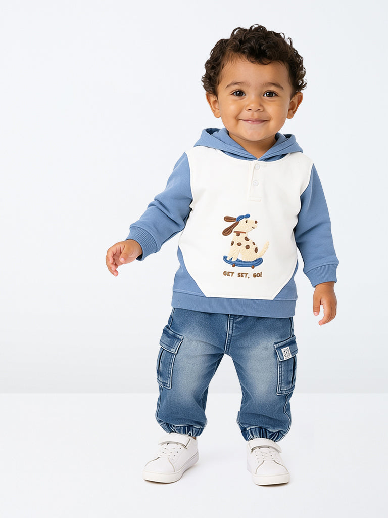 HOP Baby Boys Dusty Blue Colour-Blocked Cotton-Blend Sweatshirt