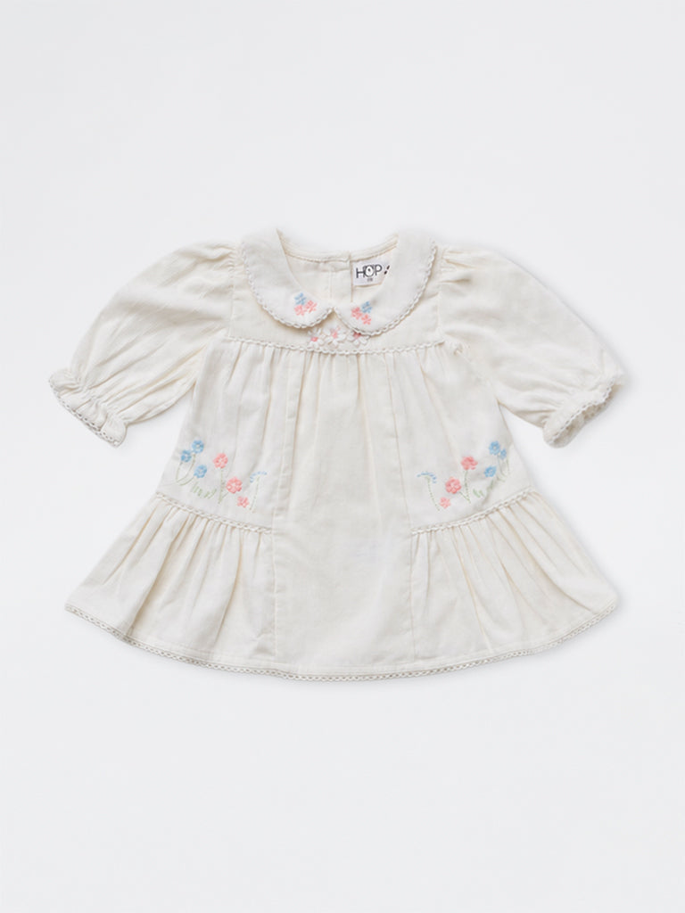 HOP Baby Girls White Floral Embroidered Cotton A-Line Dress