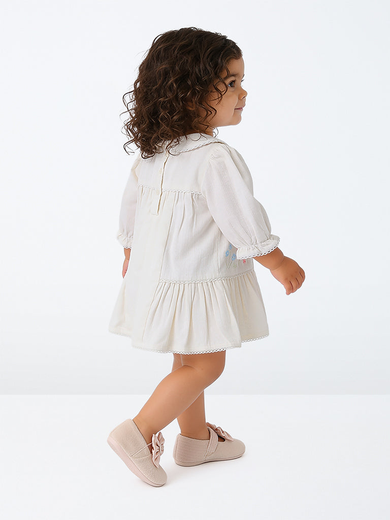 HOP Baby Girls White Floral Embroidered Cotton A-Line Dress