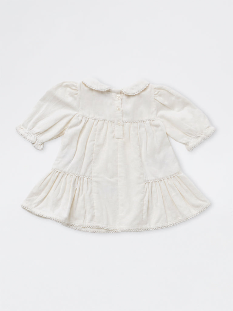 HOP Baby Girls White Floral Embroidered Cotton A-Line Dress