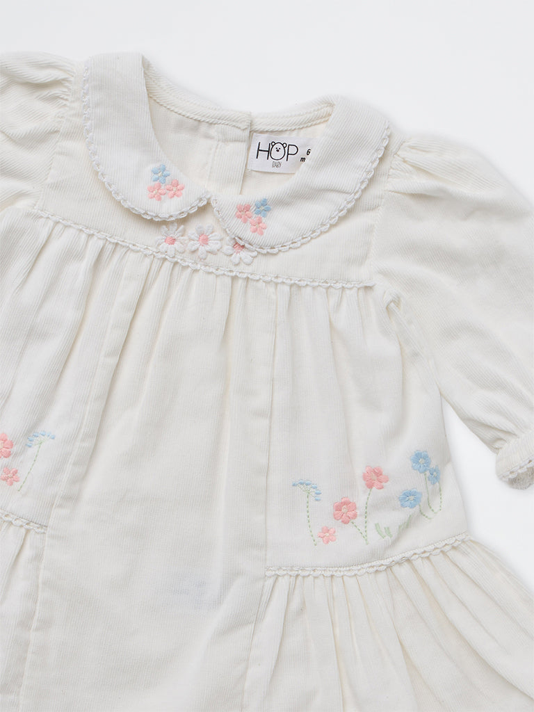 HOP Baby Girls White Floral Embroidered Cotton A-Line Dress