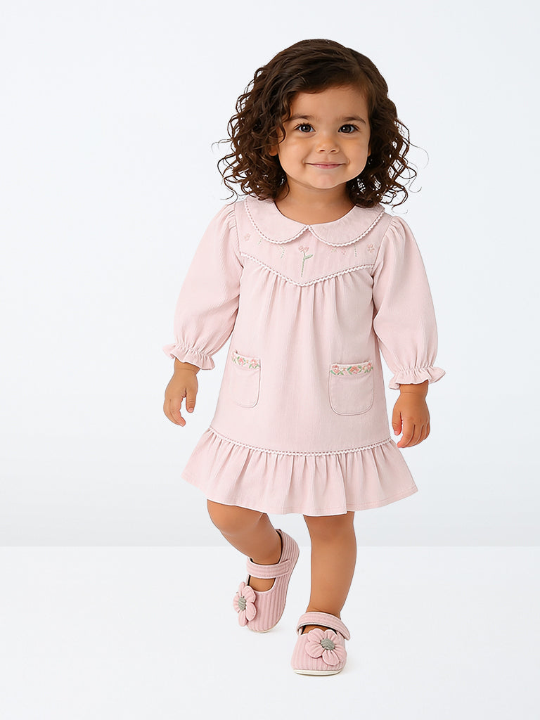 HOP Baby Girls Pink Floral Embroidered Corduroy Cotton Top