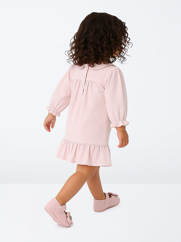 HOP Baby Girls Pink Floral Embroidered Corduroy Cotton Top