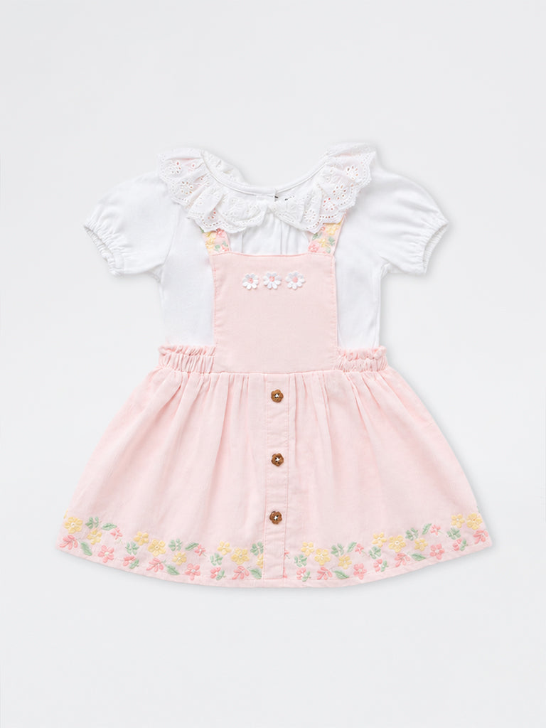 HOP Baby Girls Pink Floral-Detailed Cotton Pinafore and T-Shirt Set