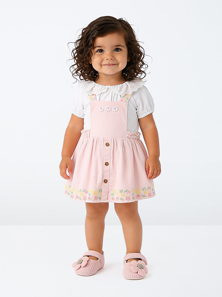 HOP Baby Girls Pink Floral-Detailed Cotton Pinafore and T-Shirt Set