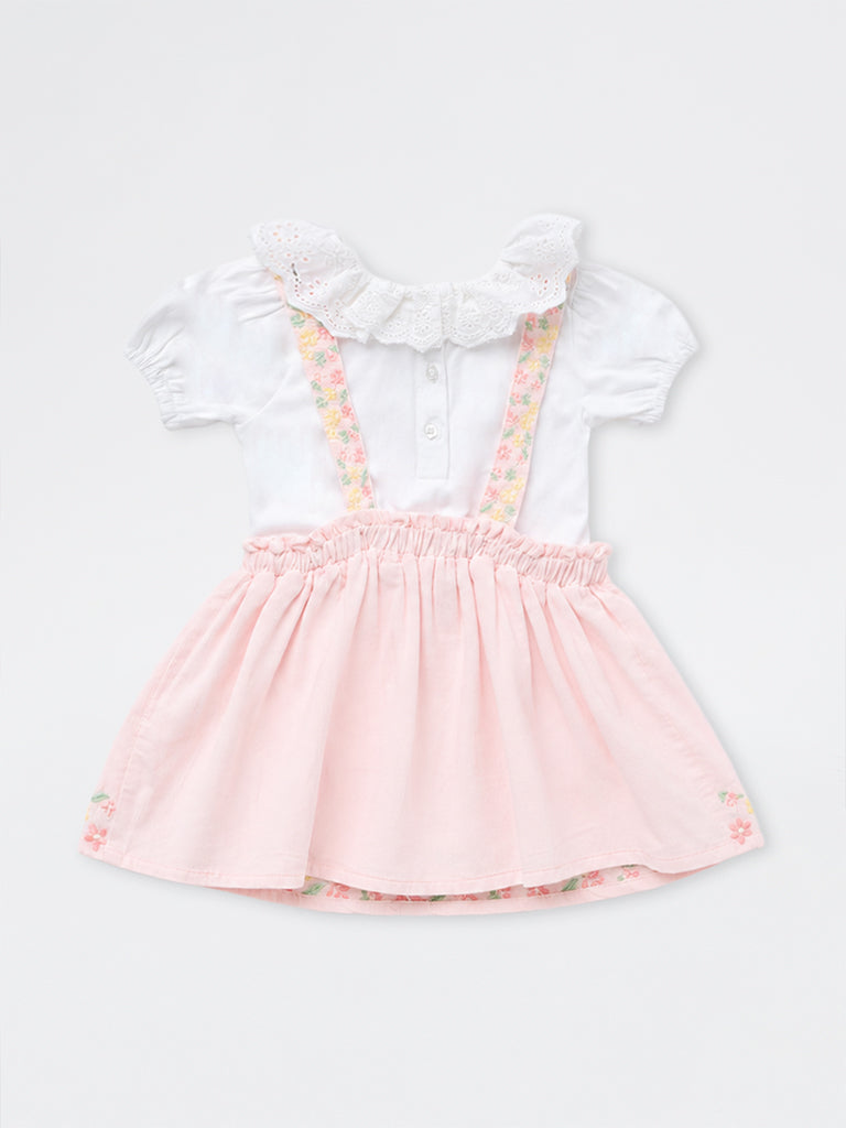 HOP Baby Girls Pink Floral-Detailed Cotton Pinafore and T-Shirt Set