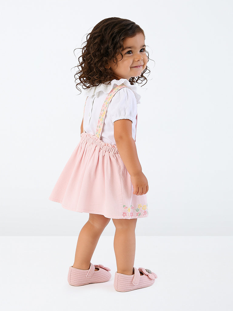 HOP Baby Girls Pink Floral-Detailed Cotton Pinafore and T-Shirt Set