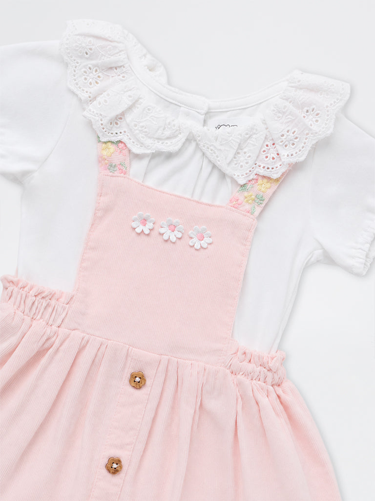 HOP Baby Girls Pink Floral-Detailed Cotton Pinafore and T-Shirt Set