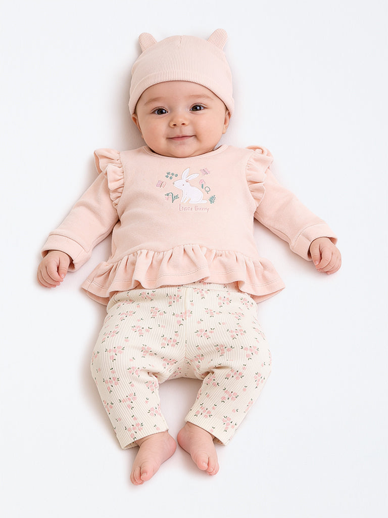 HOP Baby Girls Peach Bunny Embroidered Cotton-Blend Top, Pants and Hat Set