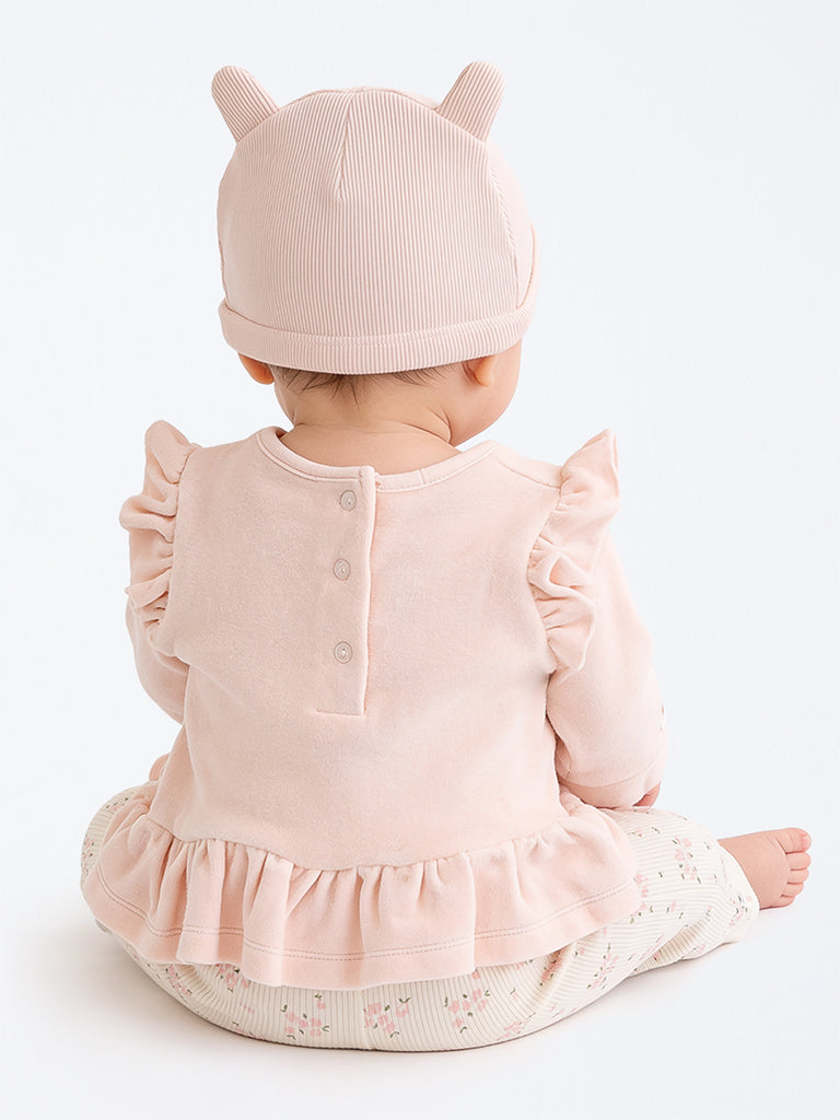 HOP Baby Girls Peach Bunny Embroidered Cotton-Blend Top, Pants and Hat Set
