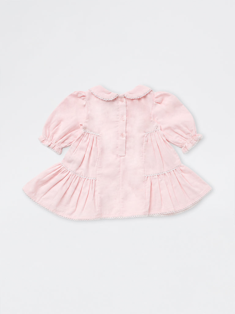 HOP Baby Girls Pink Floral-Embroidered Cotton A-Line Dress